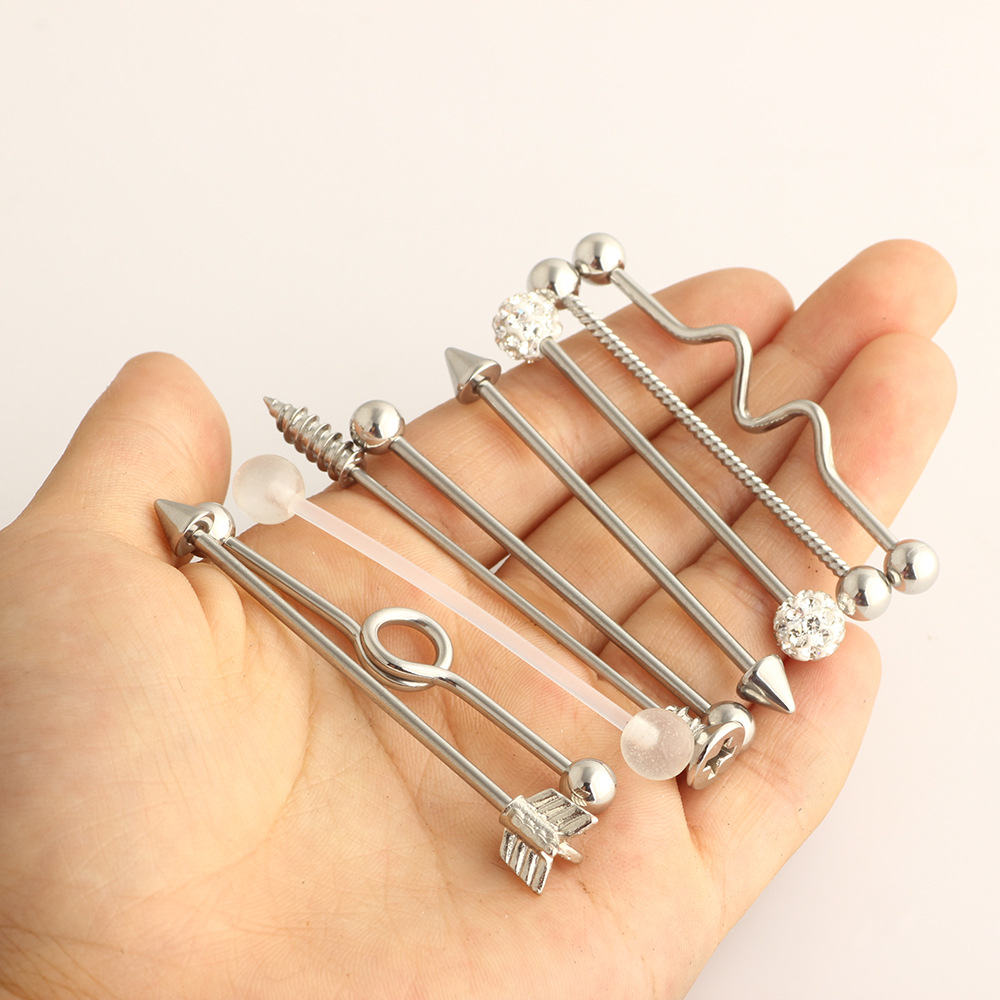 Arrow Screw Industrial Earrings Barbell Set - Stainless Steel Double Ear Straight Bar Crossbar for Amazon eBay - Image 4