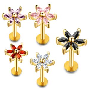 Women's Korean CZ Small Flower Stud Earrings Non-Allergic Ear Bone Stud Lip Stud Lip Ring Factory Direct