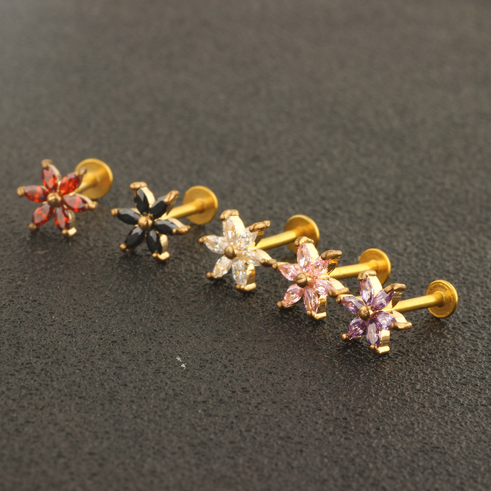 Women's Korean CZ Small Flower Stud Earrings Non-Allergic Ear Bone Stud Lip Stud Lip Ring Factory Direct - Image 3