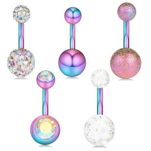 Stainless Steel Navel Ring Set - 5 Piece Body Piercing Jewelry for Belly Button, Factory Direct