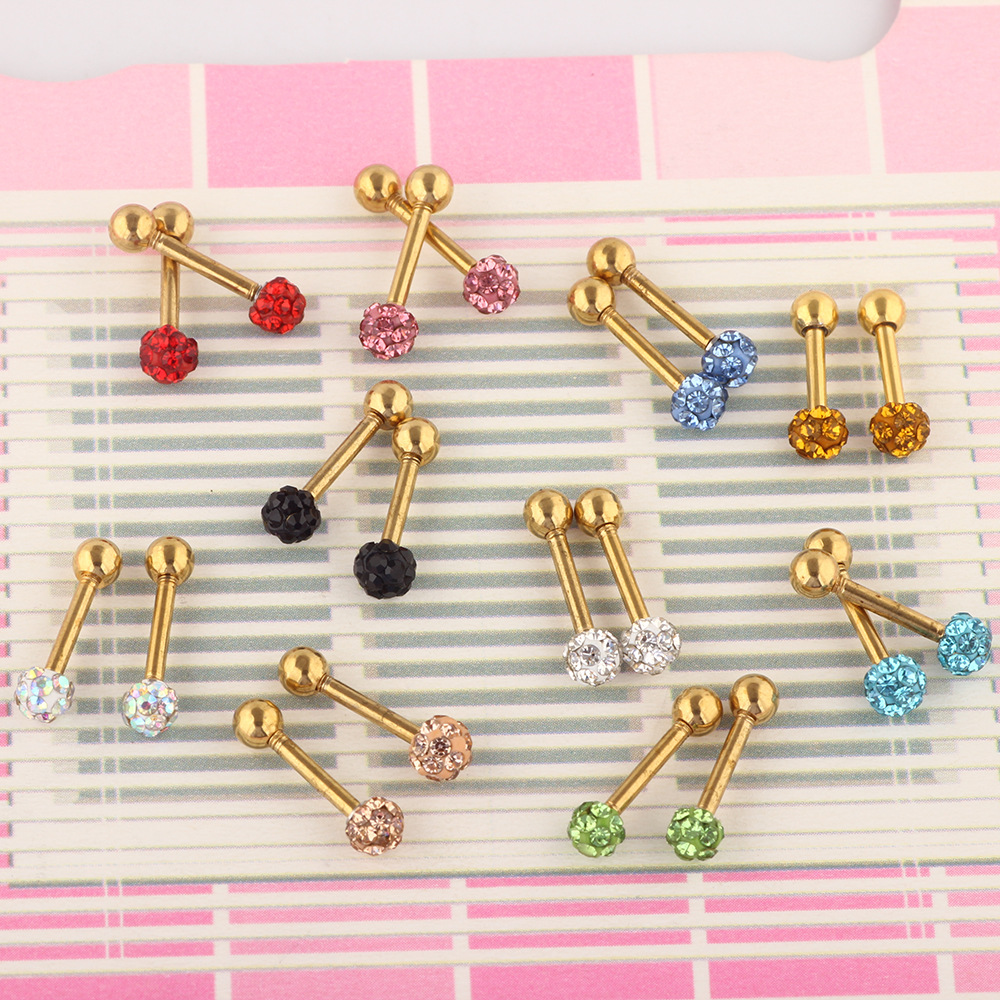 European American Stainless Steel Diamond Ball Shiny Gold Stud Earring Ear Bone Ding Piercing Jewelry - Image 2