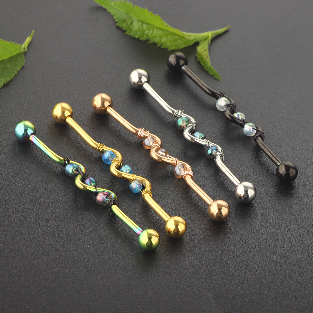 Hand-Woven Bead Bell Industrial Barbell Cross Bar Ear Piercing Jewelry Rose Gold Single - Image 3