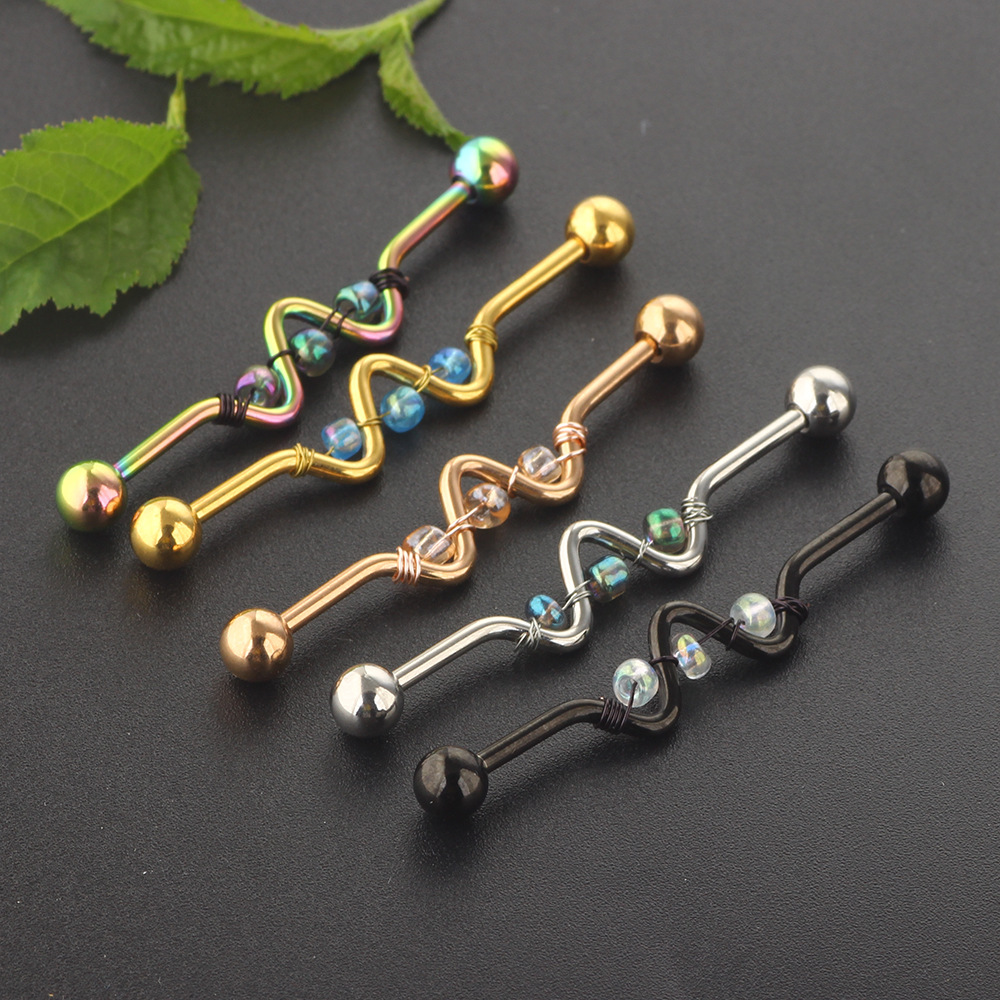 Hand-Woven Bead Bell Industrial Barbell Cross Bar Ear Piercing Jewelry Rose Gold Single - Image 4