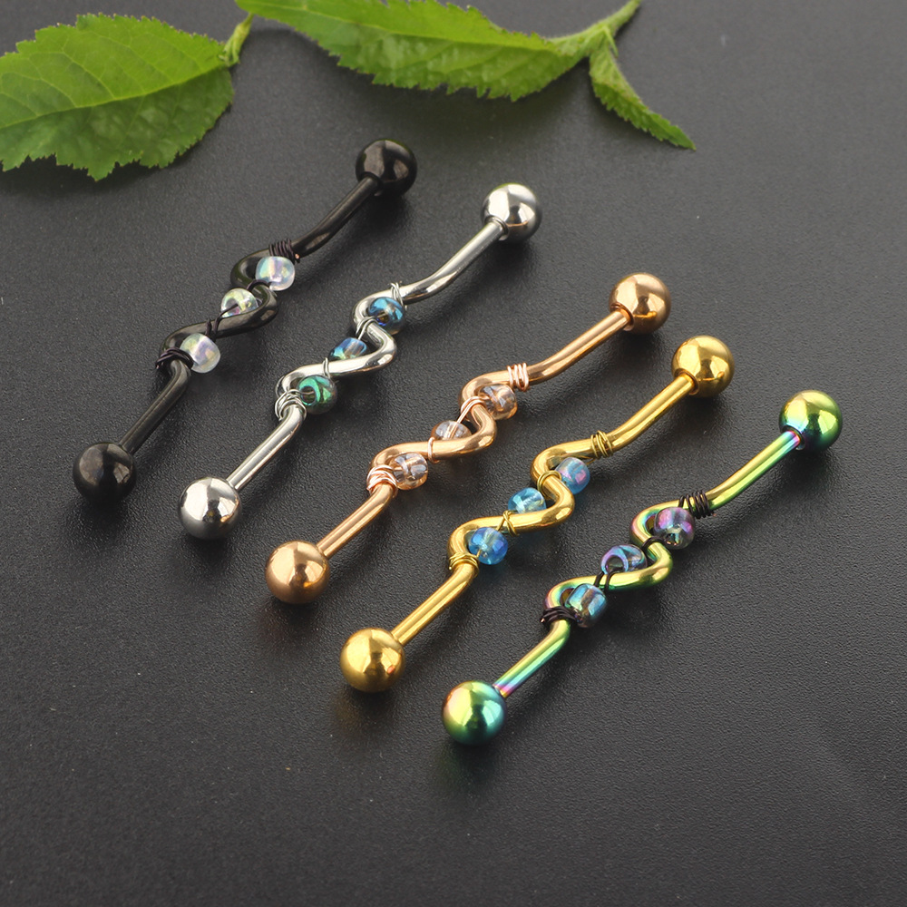 Hand-Woven Bead Bell Industrial Barbell Cross Bar Ear Piercing Jewelry Rose Gold Single - Image 2