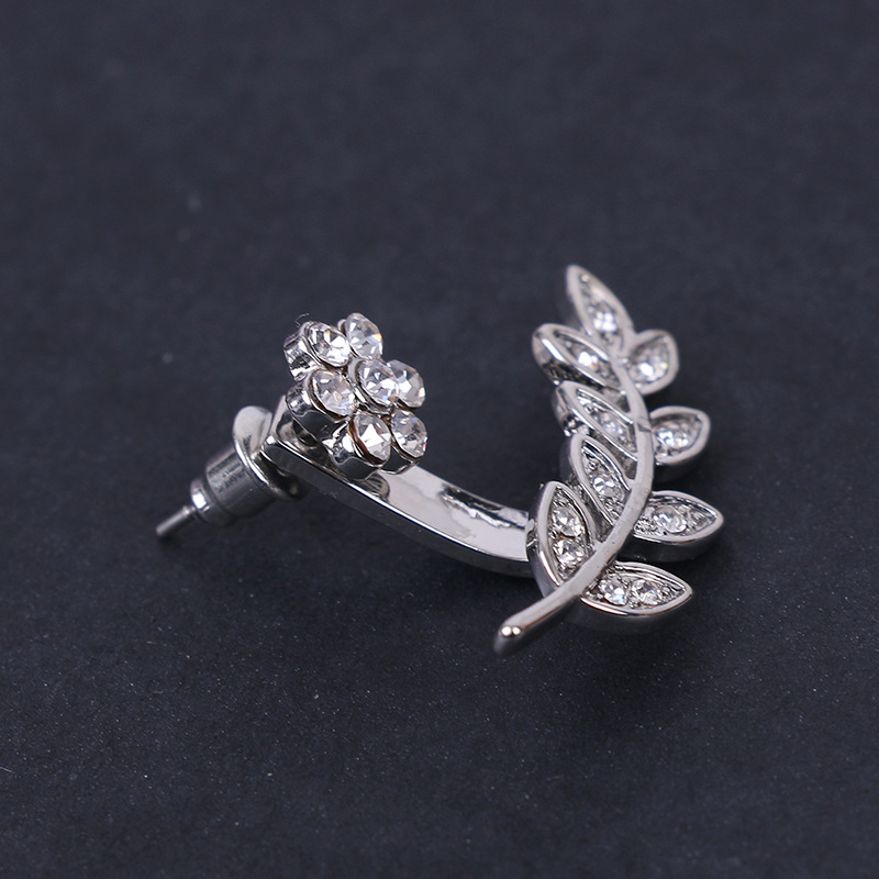 Plum Leaf Full Diamond Earrings Silver Alloy Fashion Front Back Buckle Earrings - Image 3