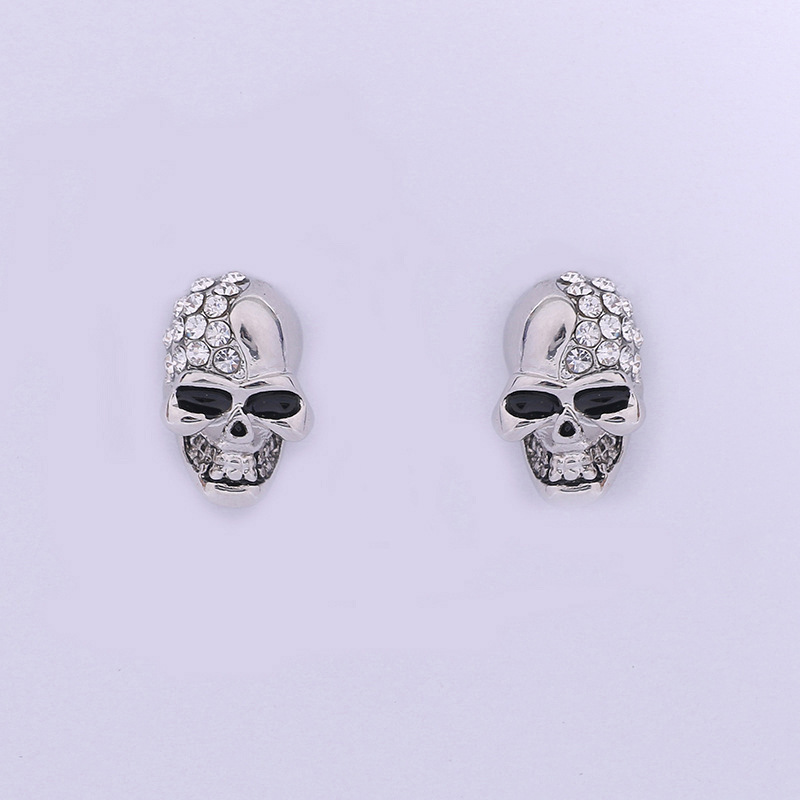 Skull Full Diamond Stud Earrings - Retro Glossy Rose Gold Alloy Women's Piercing Jewelry - Image 2