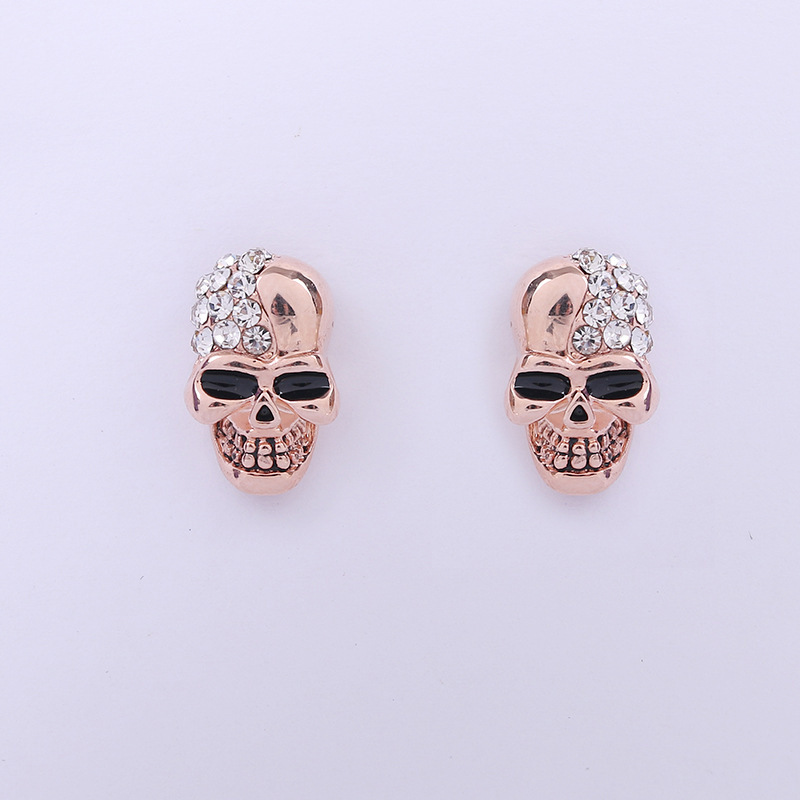 Skull Full Diamond Stud Earrings - Retro Glossy Rose Gold Alloy Women's Piercing Jewelry - Image 3