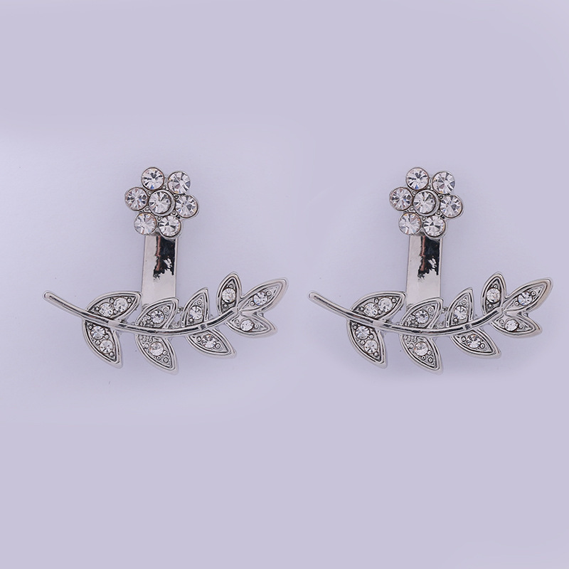 Plum Leaf Full Diamond Earrings Silver Alloy Fashion Front Back Buckle Earrings - Image 2