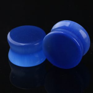 Natural Cat's Eye Stone Ear Expander Plug Single Ear Piercing Jewelry 316L Surgical Steel Blue 17.5mm