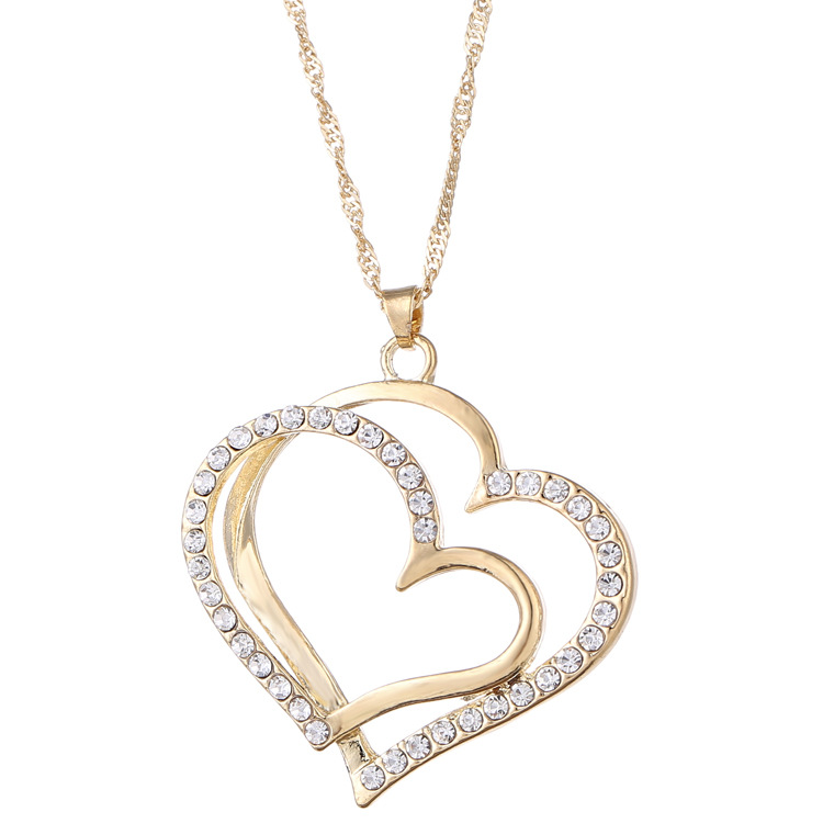 Double Love Heart Earrings Necklace Set Gold Wedding Accessories Alloy Jewelry - Image 3