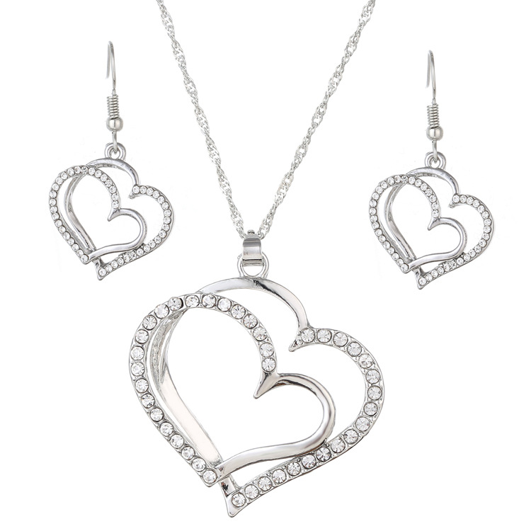 Double Love Heart Earrings Necklace Set Gold Wedding Accessories Alloy Jewelry - Image 2