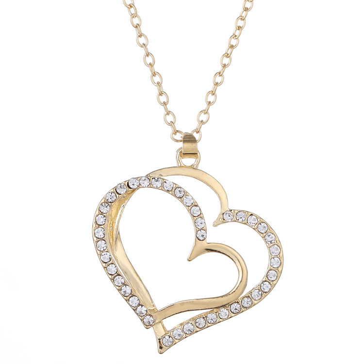 Rose Gold Peach Heart Shape Diamond Necklace Alloy Sweater Chain Fashion Jewelry - Image 2
