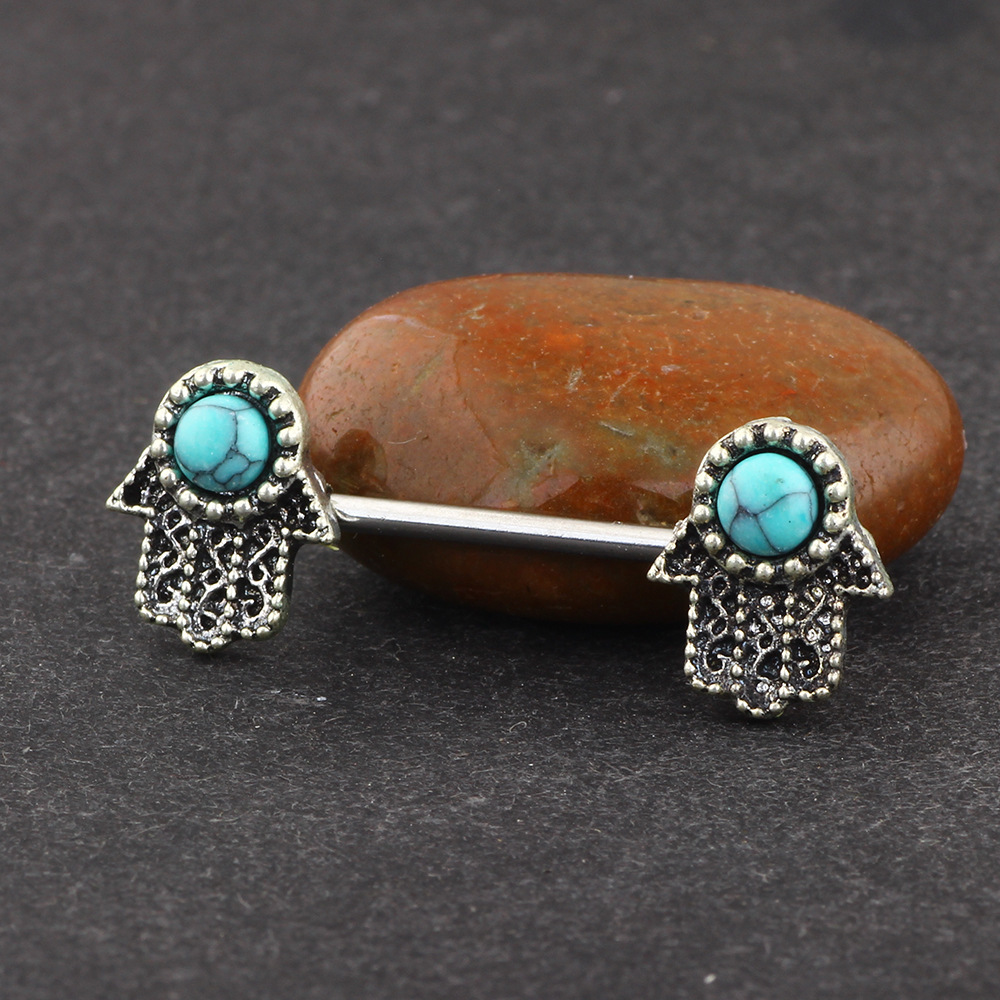 Factory Direct Stainless Steel Buddha Hand Blue Turquoise Palm Nipple Ring – Hot Selling European American Style Body Jewelry - Image 2