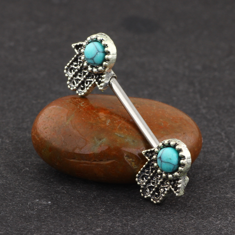 Factory Direct Stainless Steel Buddha Hand Blue Turquoise Palm Nipple Ring – Hot Selling European American Style Body Jewelry - Image 4