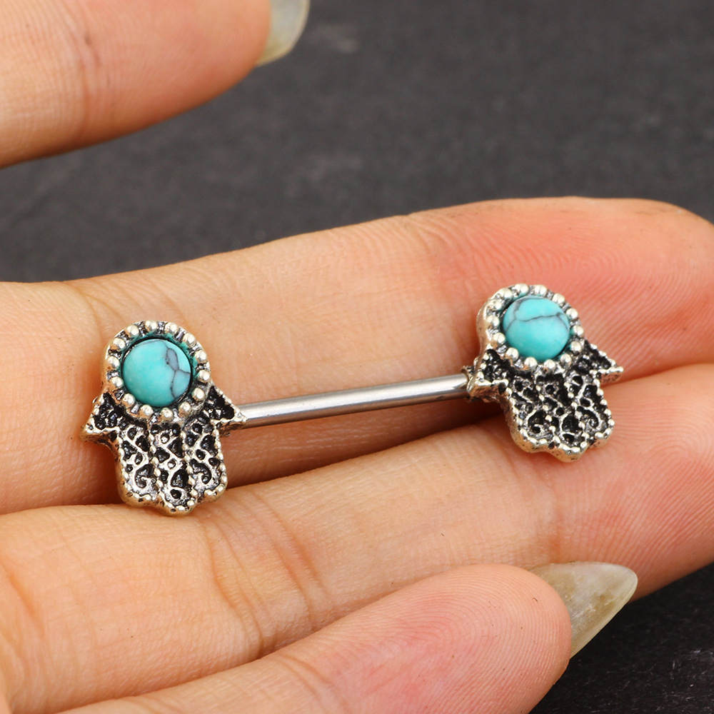 Factory Direct Stainless Steel Buddha Hand Blue Turquoise Palm Nipple Ring – Hot Selling European American Style Body Jewelry - Image 3