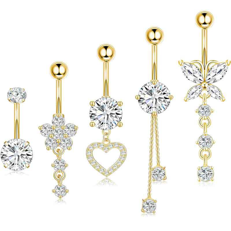 Heart-Shaped Belly Button Ring with Zircon - 5-Piece Body Piercing Jewelry Set (Gold) - Image 3