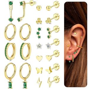 Trendy Real Gold Stainless Steel Electroplated Green Zircon Earrings Set for Women and Men