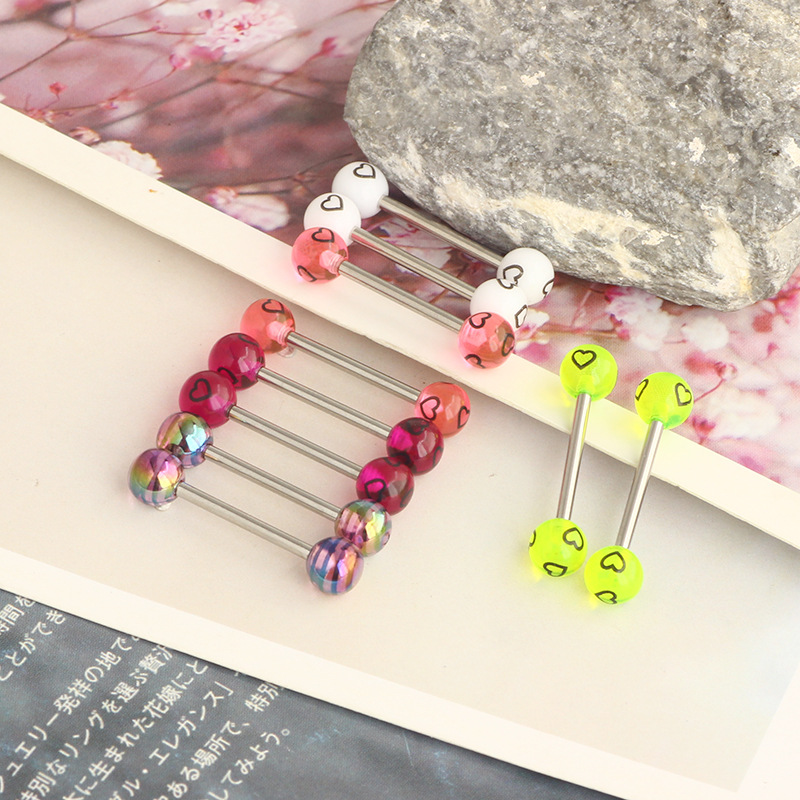Stainless Steel Tongue Nail Love Double Round Ball Earring - Star Shape Purple Striped Body Piercing Jewelry Tongue Ring - Image 5