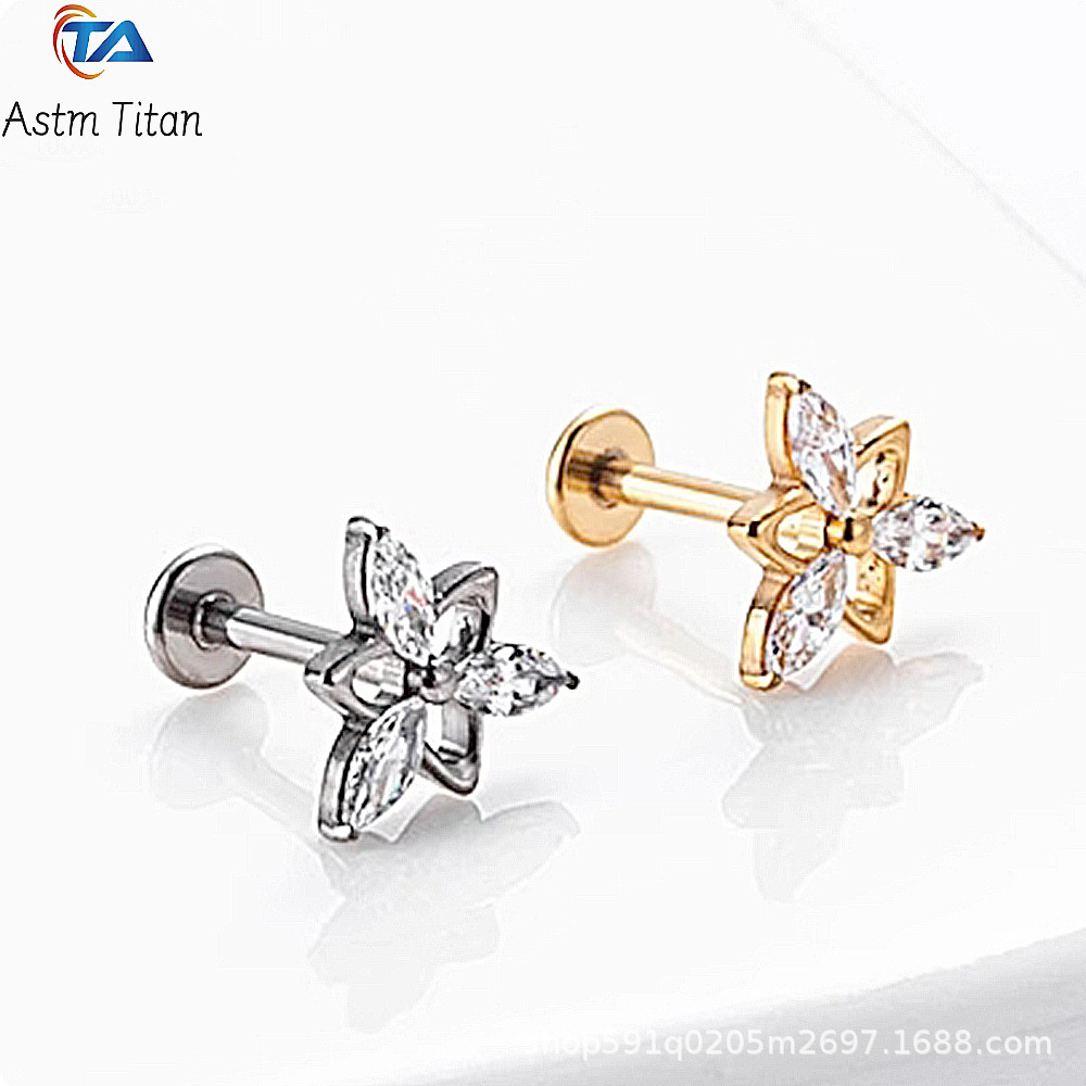 F136 Titanium Alloy Triangle Flower CZ Earrings Internally Threaded Piercing Small Earrings Lip Ring Lip Jewelry - Image 4