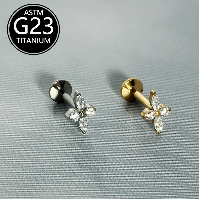 G23 Titanium Lip Piercing 6-10mm with Zircon Flower Design Ear Studs, Cartilage Studs, Factory Wholesale - Image 5