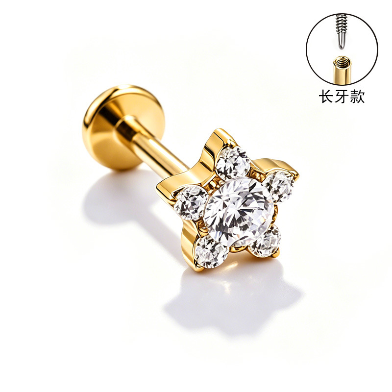 F136 Titanium Alloy Ear Studs, Finely Carved Ear Bone Studs, Long Tooth Style with Zirconia, Lip Studs, G23 Titanium Body Piercing Jewelry - Image 4