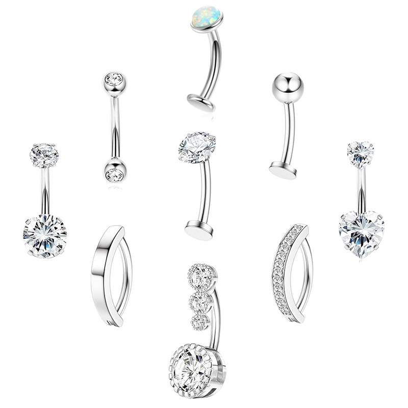 Factory Spot Wholesale New 9-Piece Set of Navel Rings - Fashionable Zircon-Encrusted Stainless Steel Belly Button Jewelry - Image 5