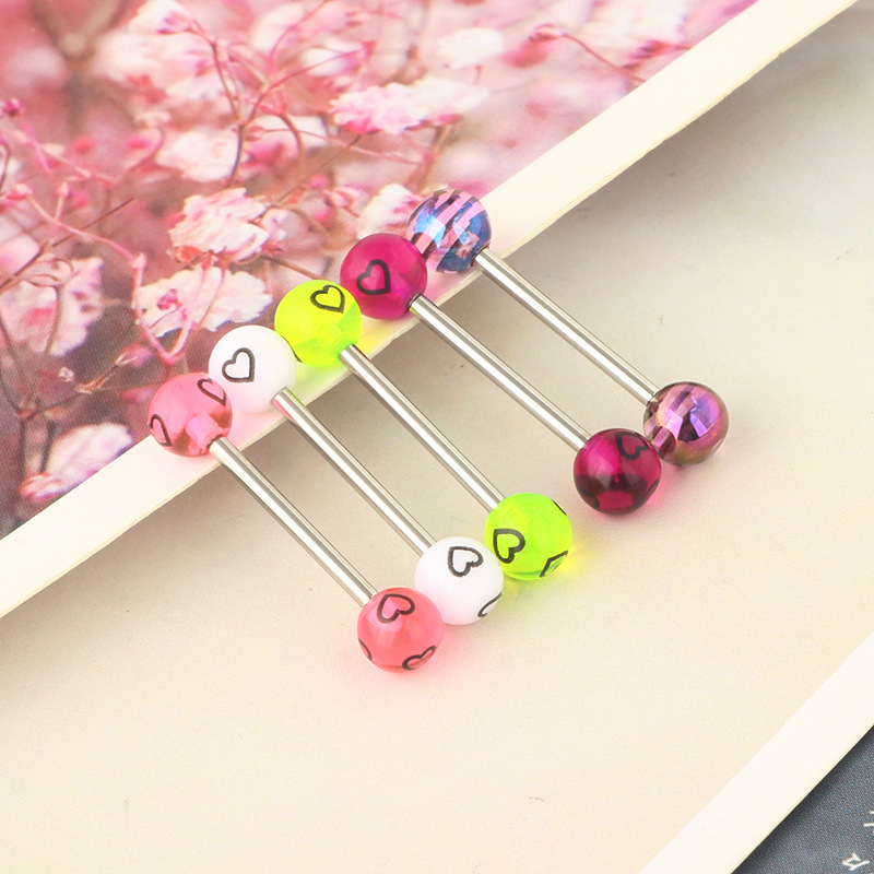 Stainless Steel Tongue Nail Love Double Round Ball Earring - Star Shape Purple Striped Body Piercing Jewelry Tongue Ring - Image 2