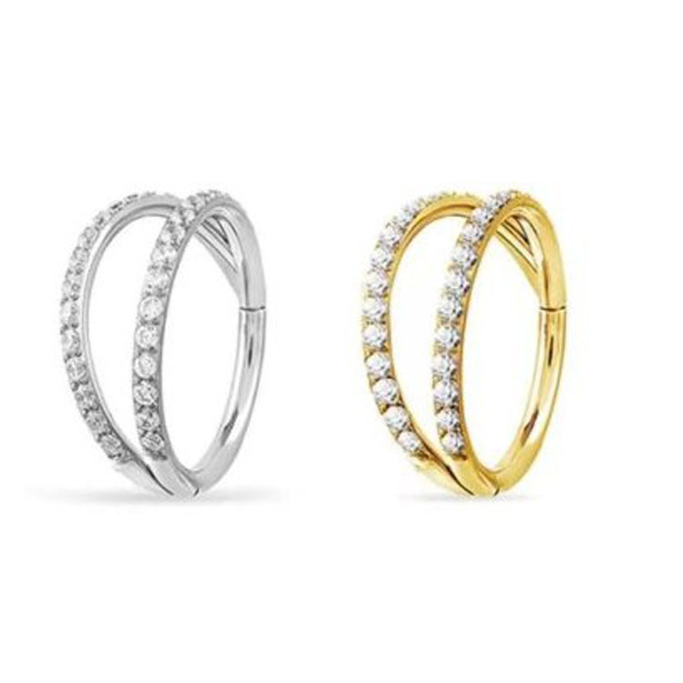 G23 Titanium Alloy CNC Micro Diamond Double Ring Nose Ring Earring Stud Inlay - Image 5