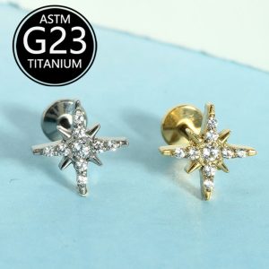 F136 Titanium Star Lip Stud Ear Stud with White Zircon, 1.2x10mm