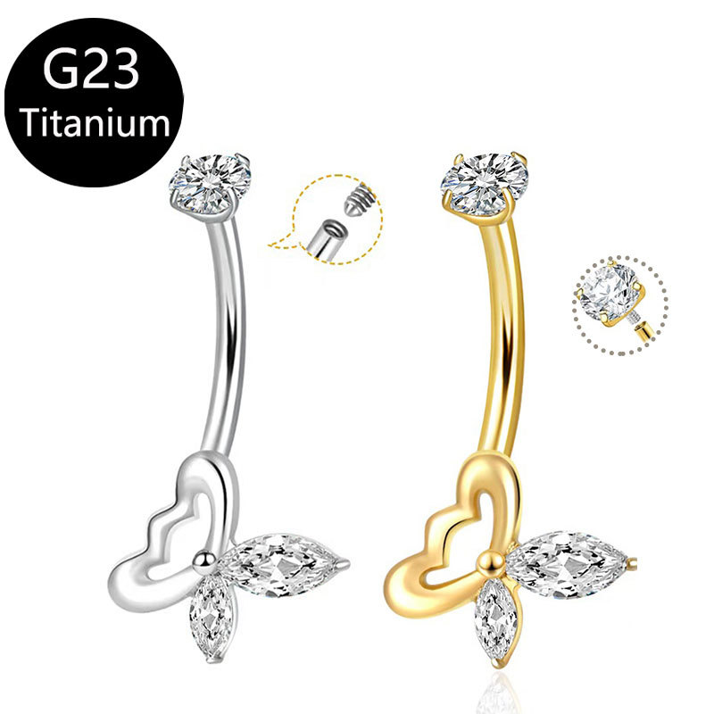 G23 Titanium Silver Butterfly CZ Navel Ring - Round Zircon Belly Button Piercing Jewelry Wholesale - Image 5