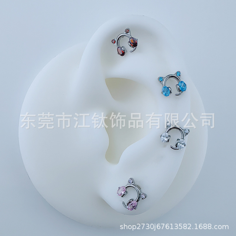 G23 Titanium Cat Ear Headphone Cartilage Stud Earring with Blue Zirconia - Image 3