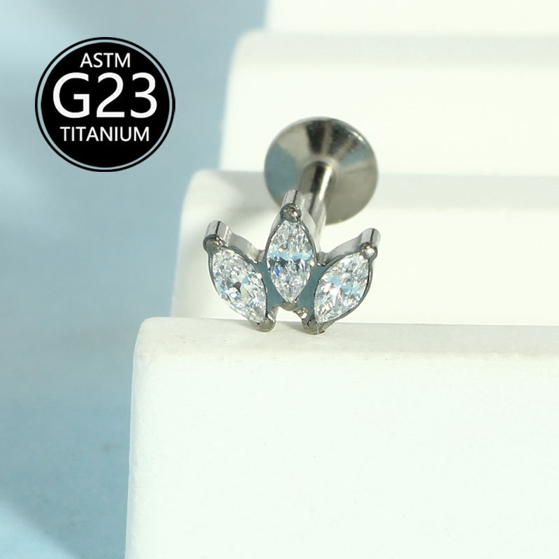 G23 Titanium Lip Labret Stud Zircon Ear Cartilage Stud Three-Leaf Inlaid Zircon Piercing Jewelry - Image 5