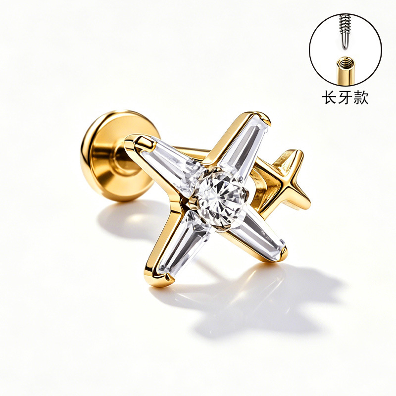 F136 Titanium Alloy Ear Studs, Finely Carved Ear Bone Studs, Long Tooth Style with Zirconia, Lip Studs, G23 Titanium Body Piercing Jewelry - Image 2