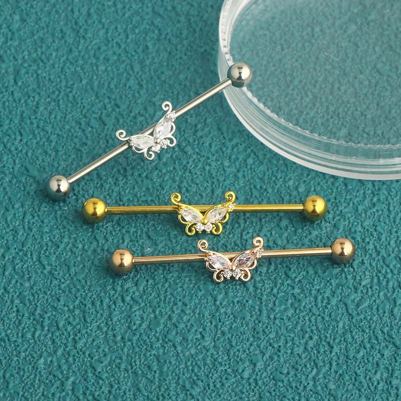 Butterfly Moon Ear Bar Piercing Earrings Zircon Stainless Steel Industrial Earrings - Image 2