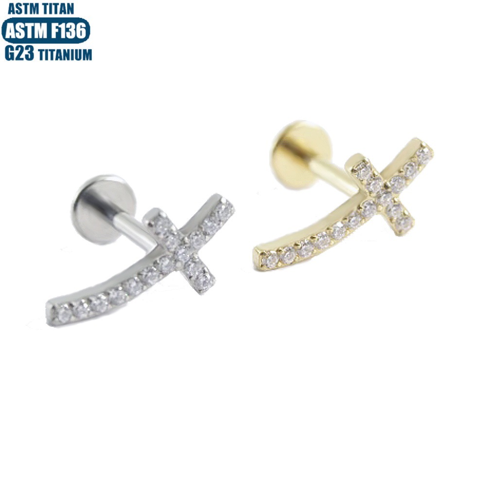 F136 Titanium Alloy Cross Zircon Lip Ring Inner Tooth Thread Lip Stud Piercing Jewelry - Image 5