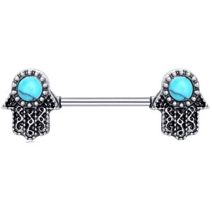 Factory Direct Stainless Steel Buddha Hand Blue Turquoise Palm Nipple Ring – Hot Selling European American Style Body Jewelry