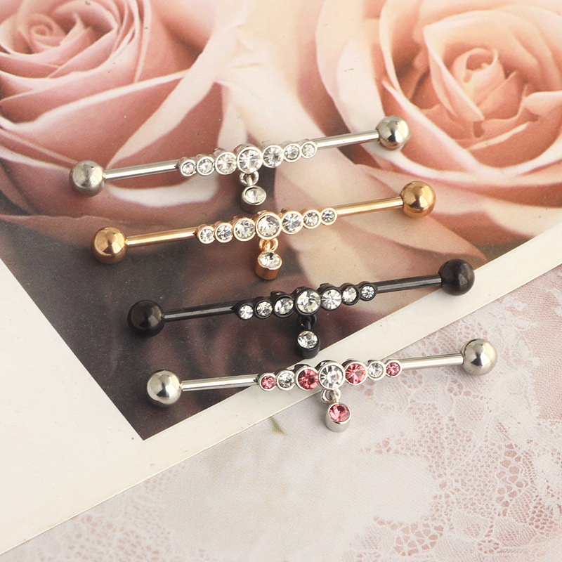 14G Industrial Barbell Earring Star Piercing Jewelry Rose Gold White Crystal - Image 2