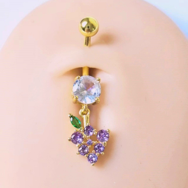 Geometric Fruit Series Grape Micro-Encrusted Stone Navel Ring Belly Button Jewelry Copper Gold Plated - Image 5