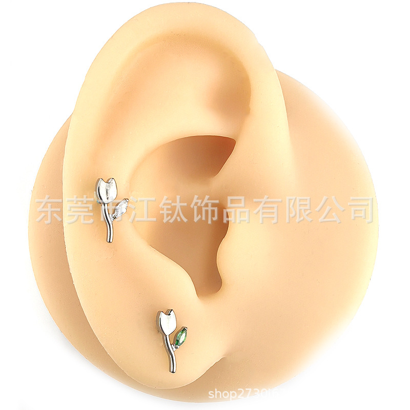 Titanium Ear Bone Stud Tulip Shape with Zircon G23 ASTM F136 Ear Piercing Jewelry Gold - Image 2