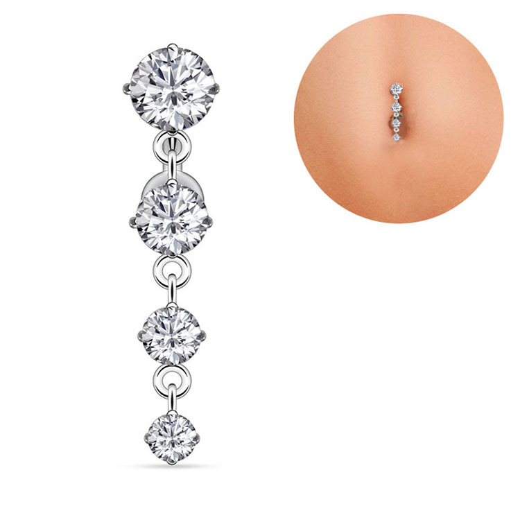 4 Zircon Inverted Belly Button Ring Stainless Steel Pendant Navel Piercing Jewelry Rose Gold - Image 4