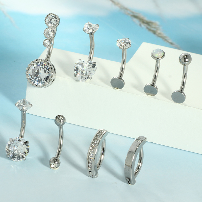 Factory Spot Wholesale New 9-Piece Set of Navel Rings - Fashionable Zircon-Encrusted Stainless Steel Belly Button Jewelry - Image 3