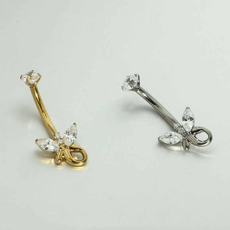 Phoenix Tail Butterfly CZ Marquise Navel Ring - 14G Inner Thread Titanium Belly Button Jewelry - Image 2
