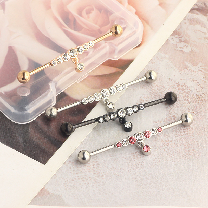14G Industrial Barbell Earring Star Piercing Jewelry Rose Gold White Crystal - Image 3