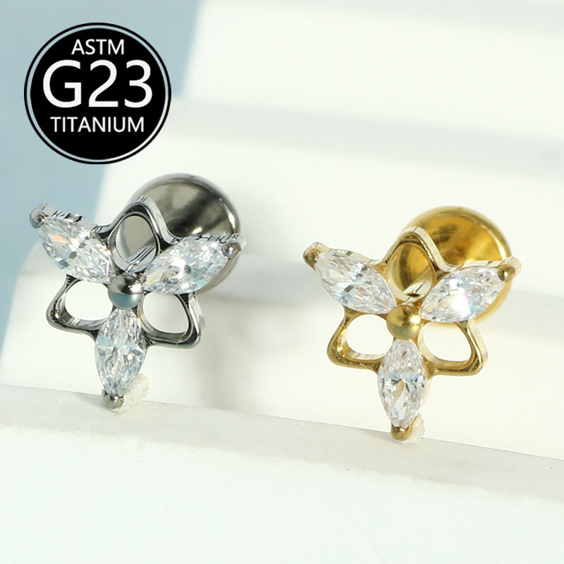 F136 Titanium Alloy Three-Horse Eye Zircon Earrings G23 Titanium Lip Nail 6-10mm Internal Thread Rod Piercing Jewelry - Image 5