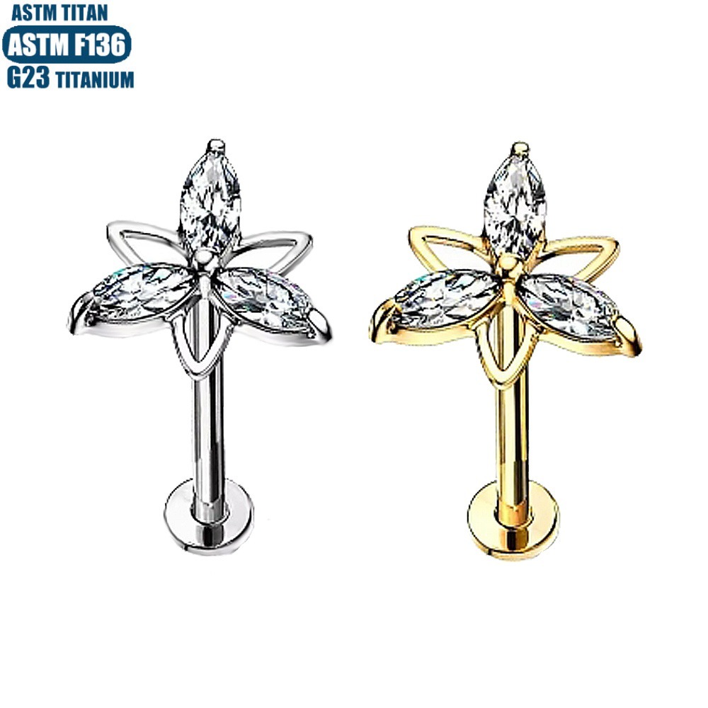 F136 Titanium Alloy Triangle Flower CZ Earrings Internally Threaded Piercing Small Earrings Lip Ring Lip Jewelry - Image 5