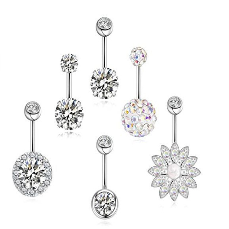 Opal Navel Ring 6 Set Silver Zircon Belly Button Piercing Jewelry Stainless Steel - Image 3