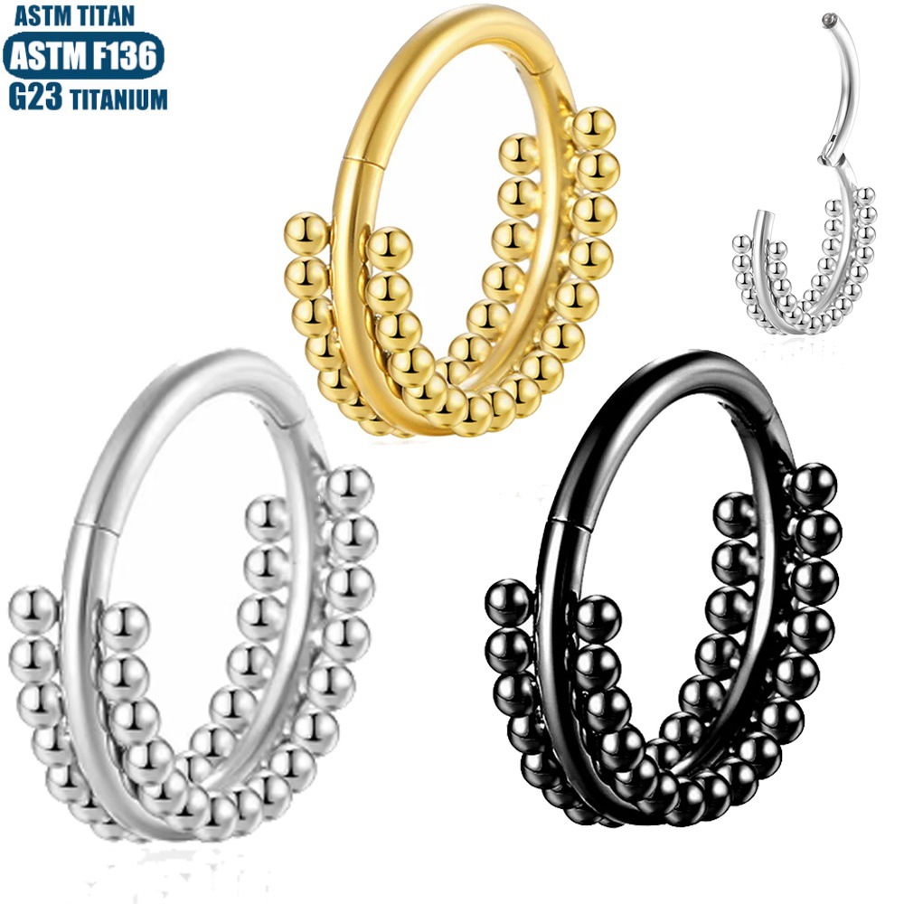 F136 Titanium Alloy Nose Ring Implant Grade Seamless Ring Double Row Solder Ball Hinge Perforated Cartilage Ring Zircon Earrings - Image 2