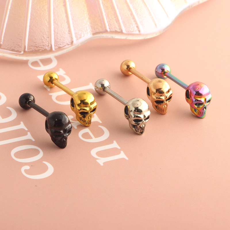 Cross-border Stainless Steel Straight Rod Tongue Nail External Thread Ghost Head 3D Effect Tongue Ring 14G Piercing Jewelry 5 Colors Optional - Image 5