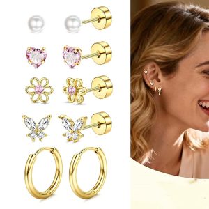 10-Piece Sweet Style Ear Stud Set - Flat Back Heart Butterfly Flower Ear Clips Stainless Steel