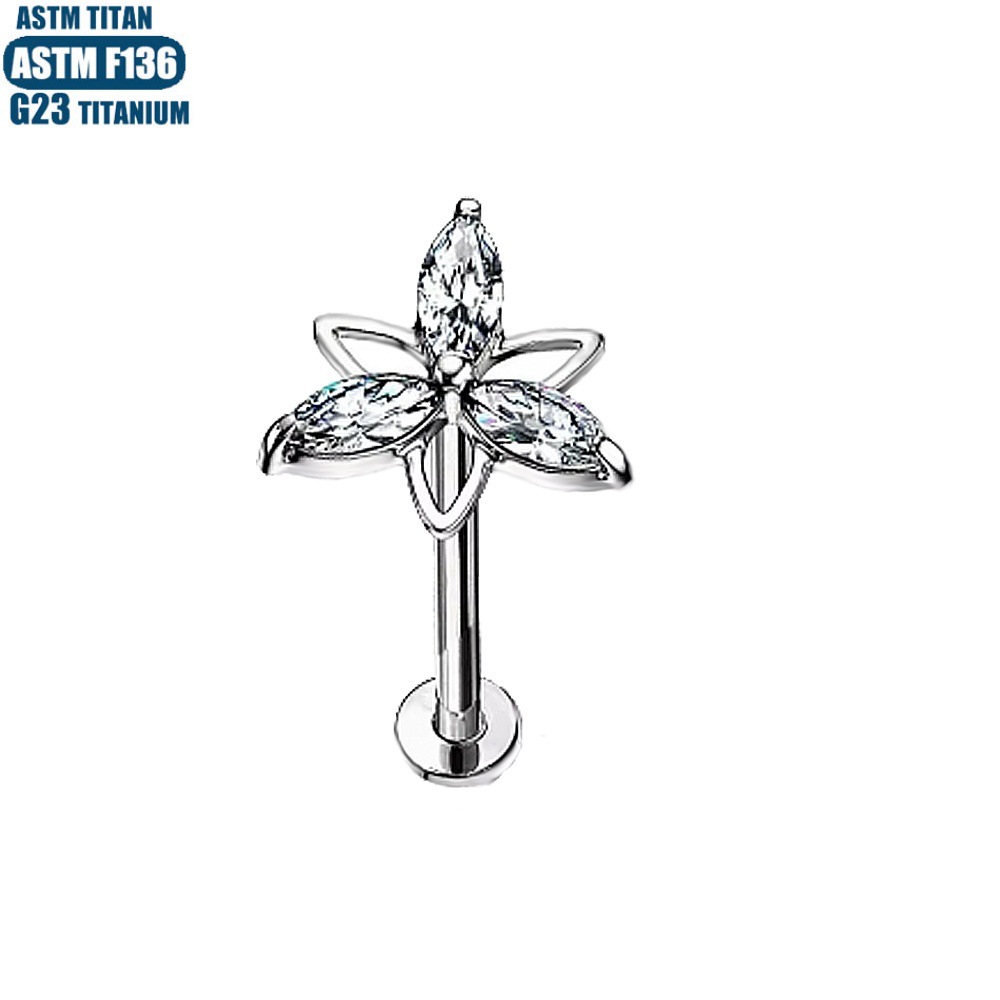F136 Titanium Alloy Triangle Flower CZ Earrings Internally Threaded Piercing Small Earrings Lip Ring Lip Jewelry - Image 2
